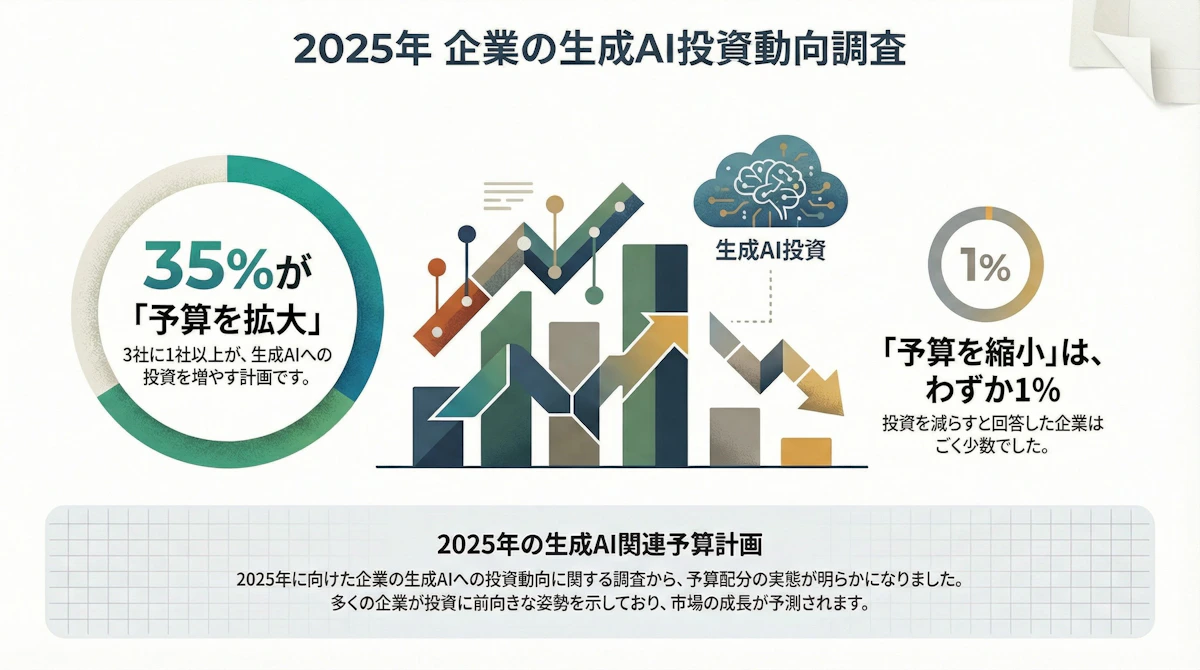 【2025年最新調査】企業の生成AI投資はどう動く？予算拡大企業35%、縮小はわずか1%の実態