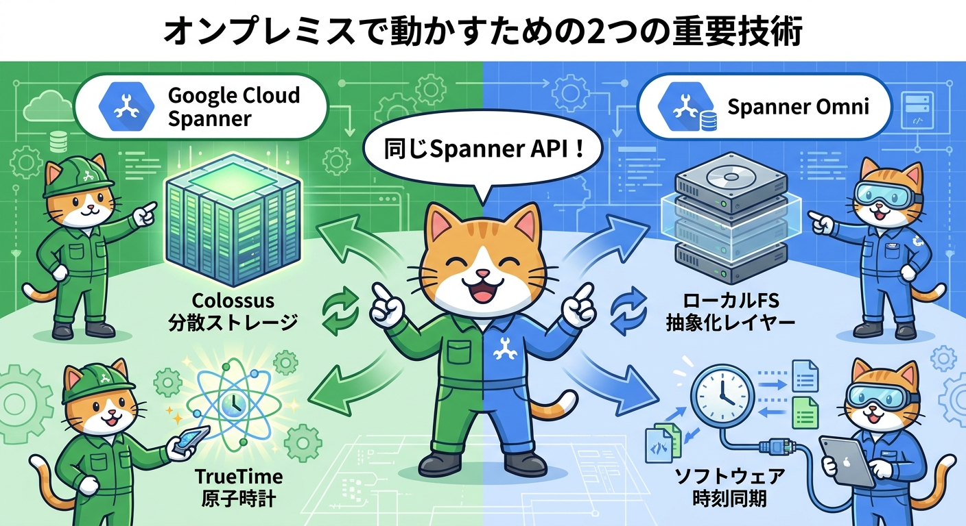 Spanner OmniのColossus抽象化レイヤーとTrueTime代替実装のアーキテクチャ図