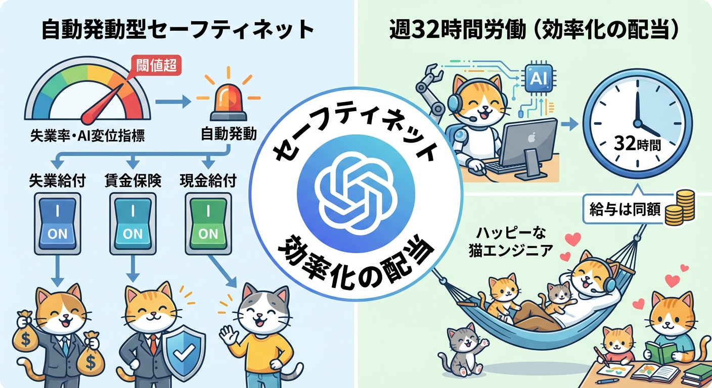 自動発動型セーフティネットと週32時間労働の仕組みを示すインフォグラフィック