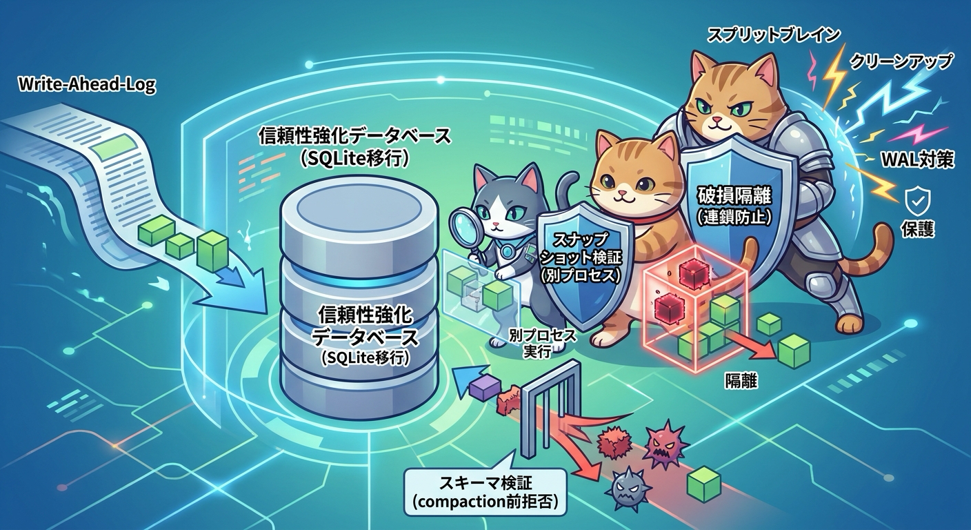 SQLiteの信頼性強化を示すスナップショット検証と破損隔離とWAL対策の三層防御イラスト