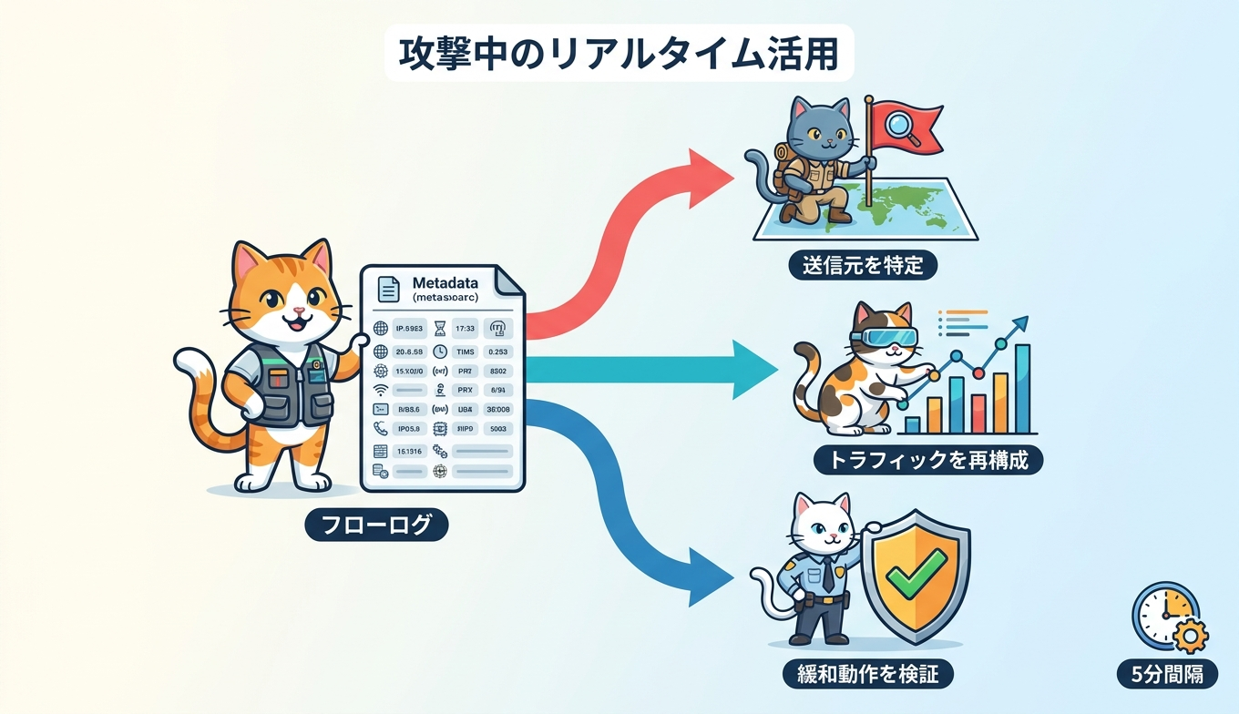 攻撃フローログのメタデータを活用する3つのシナリオの図