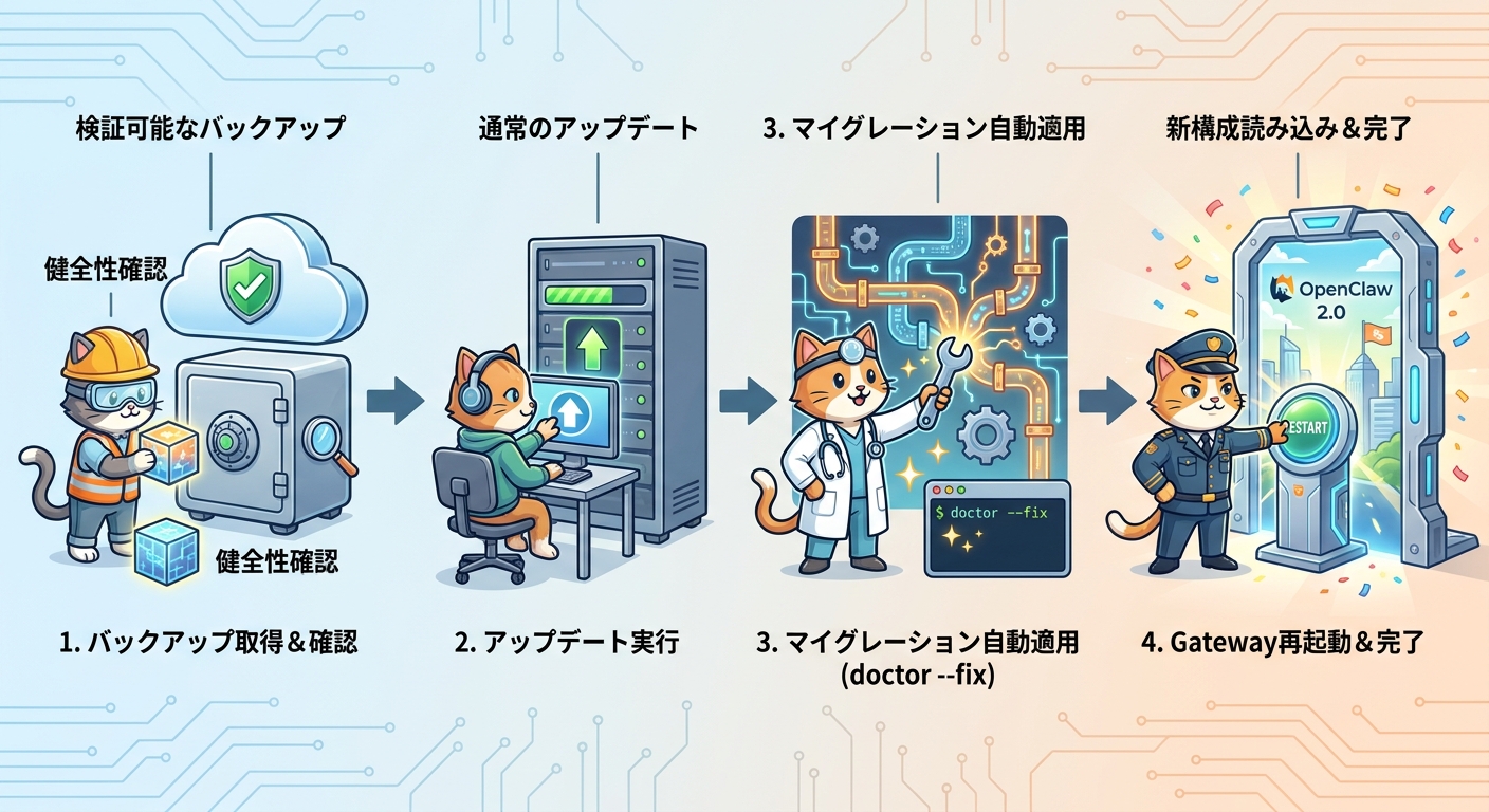 バックアップからGateway再起動までの移行手順のフロー図
