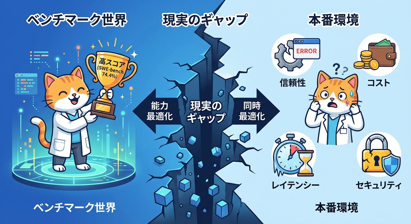 SWE-benchベンチマークスコアと本番環境の乖離を示す図