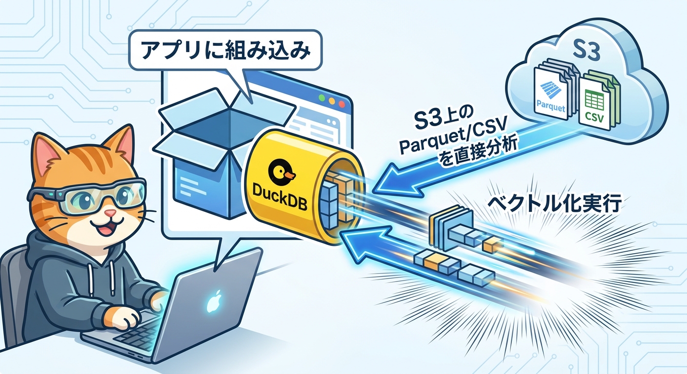 DuckDBのインプロセス動作とベクトル化実行を示すアーキテクチャ図