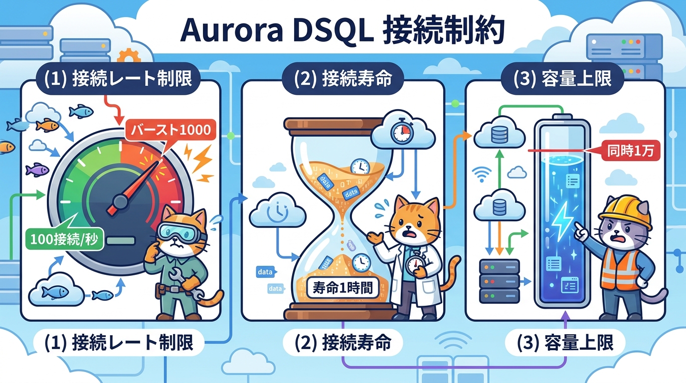 Aurora DSQLの接続レート制限と接続寿命の制約を表すインフォグラフィック
