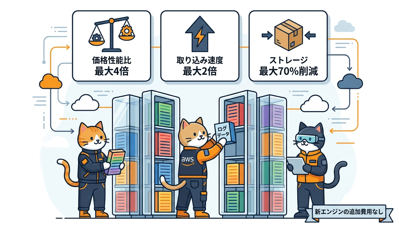 ログ分析に最適化された新エンジンの特徴を示すインフォグラフィック