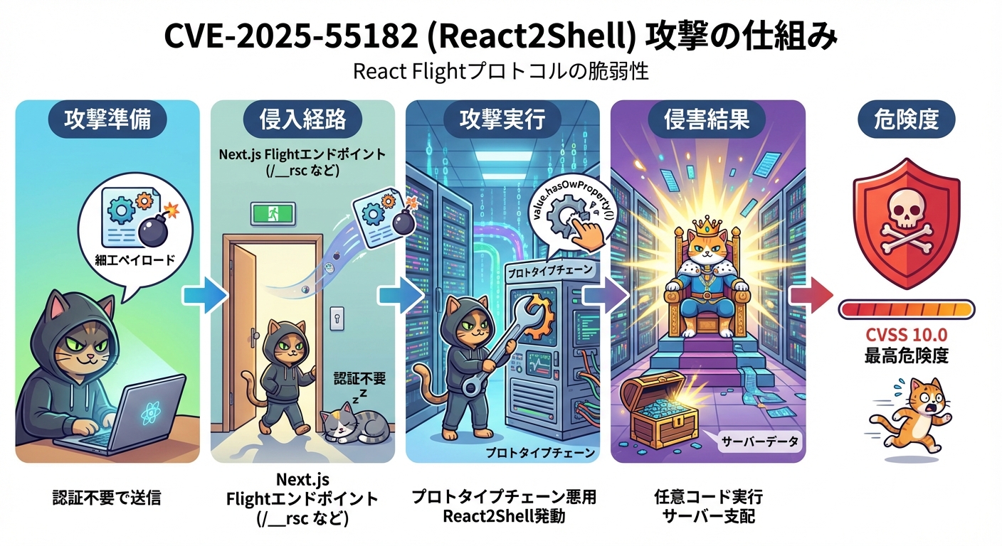 CVE-2025-55182 React2Shell脆弱性の攻撃メカニズム図解