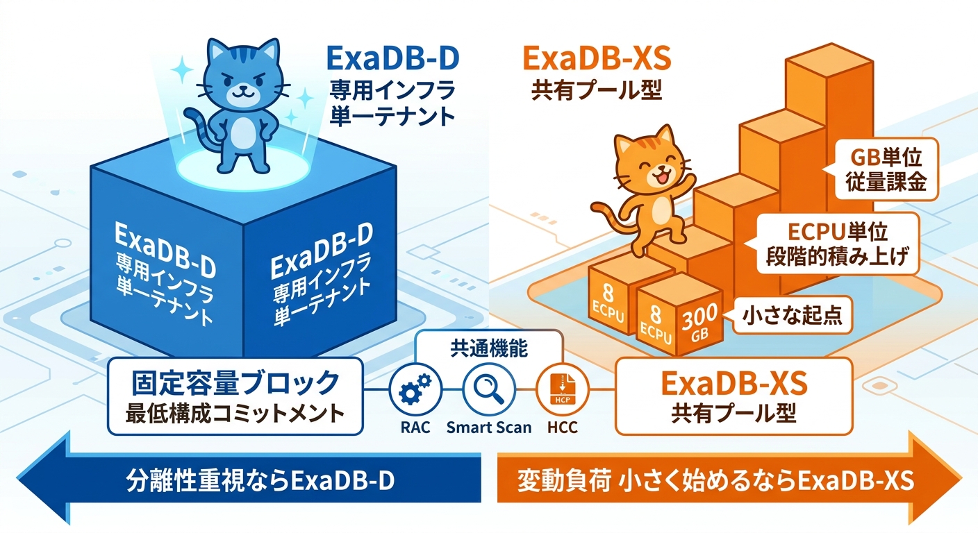 ExaDB-DとExaDB-XSの構造とコストモデルを対比した図