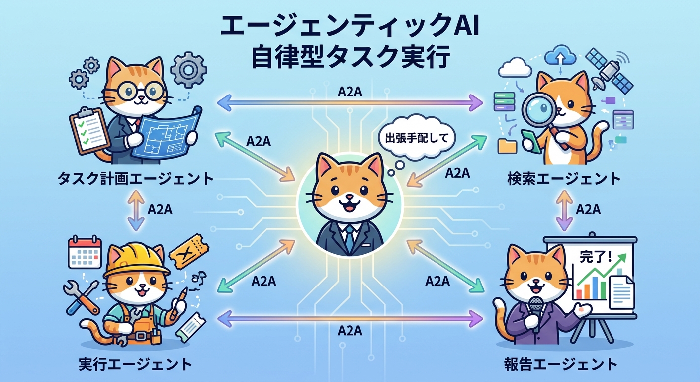 Gemini 4.0のエージェンティックAIとA2Aプロトコル概念図