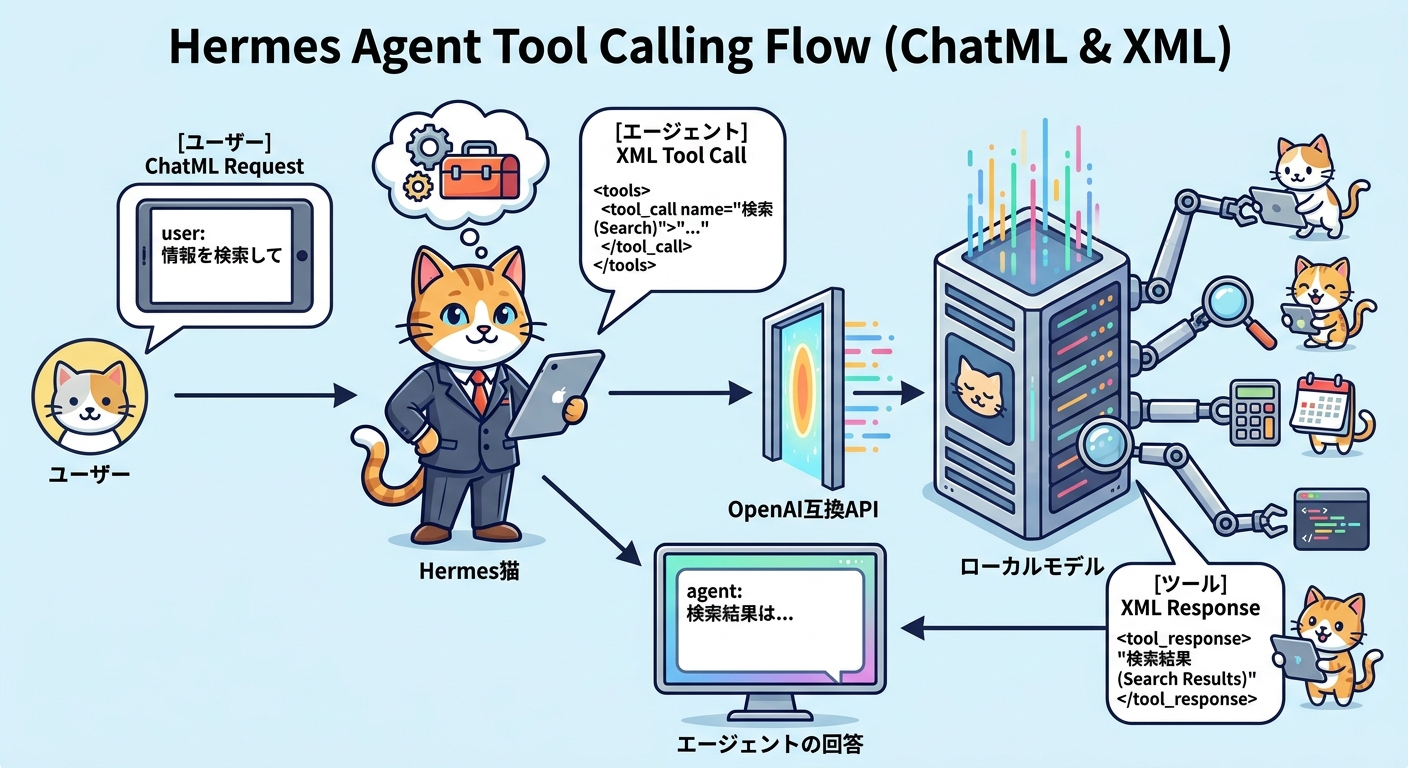 Hermes AgentのTool Calling仕組みを解説するインフォグラフィック