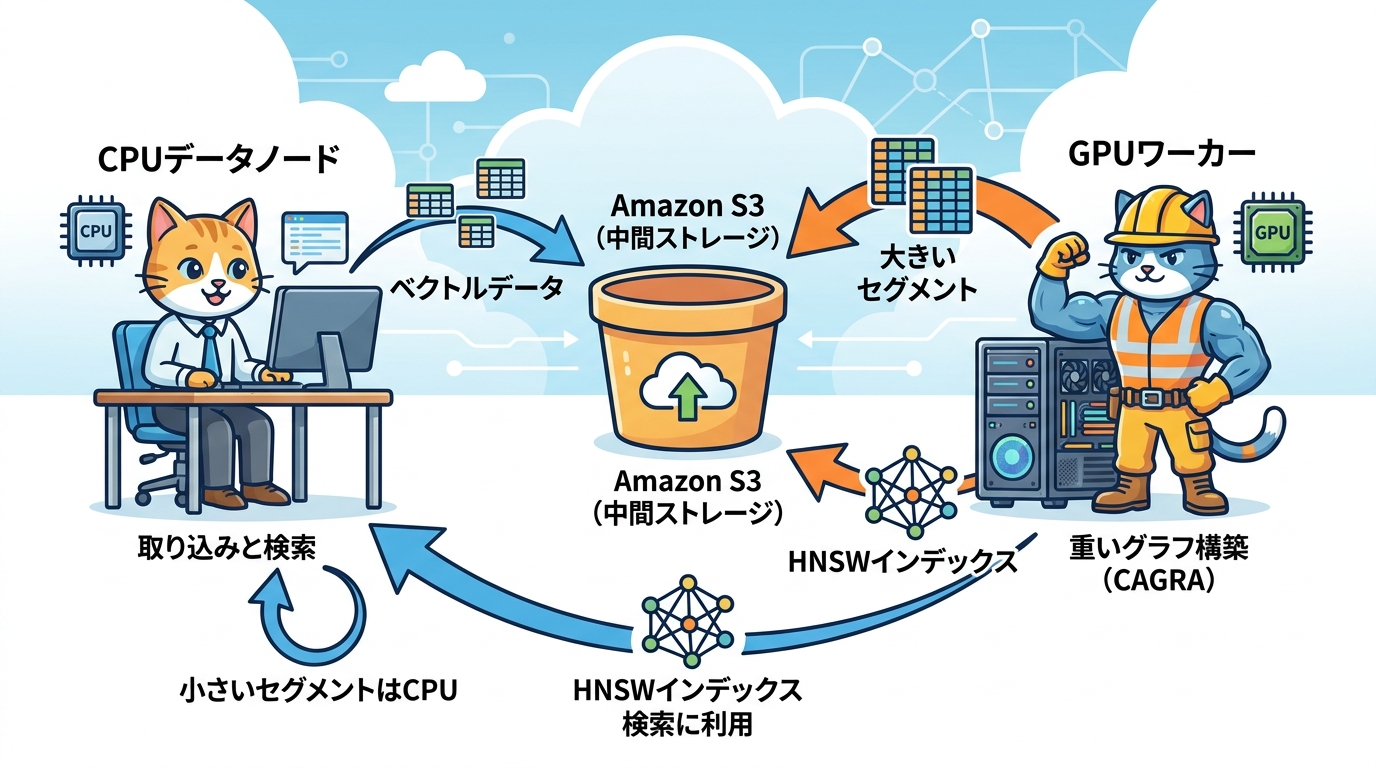 CPUデータノードとGPUワーカーがS3を介して連携する分離型アーキテクチャの図