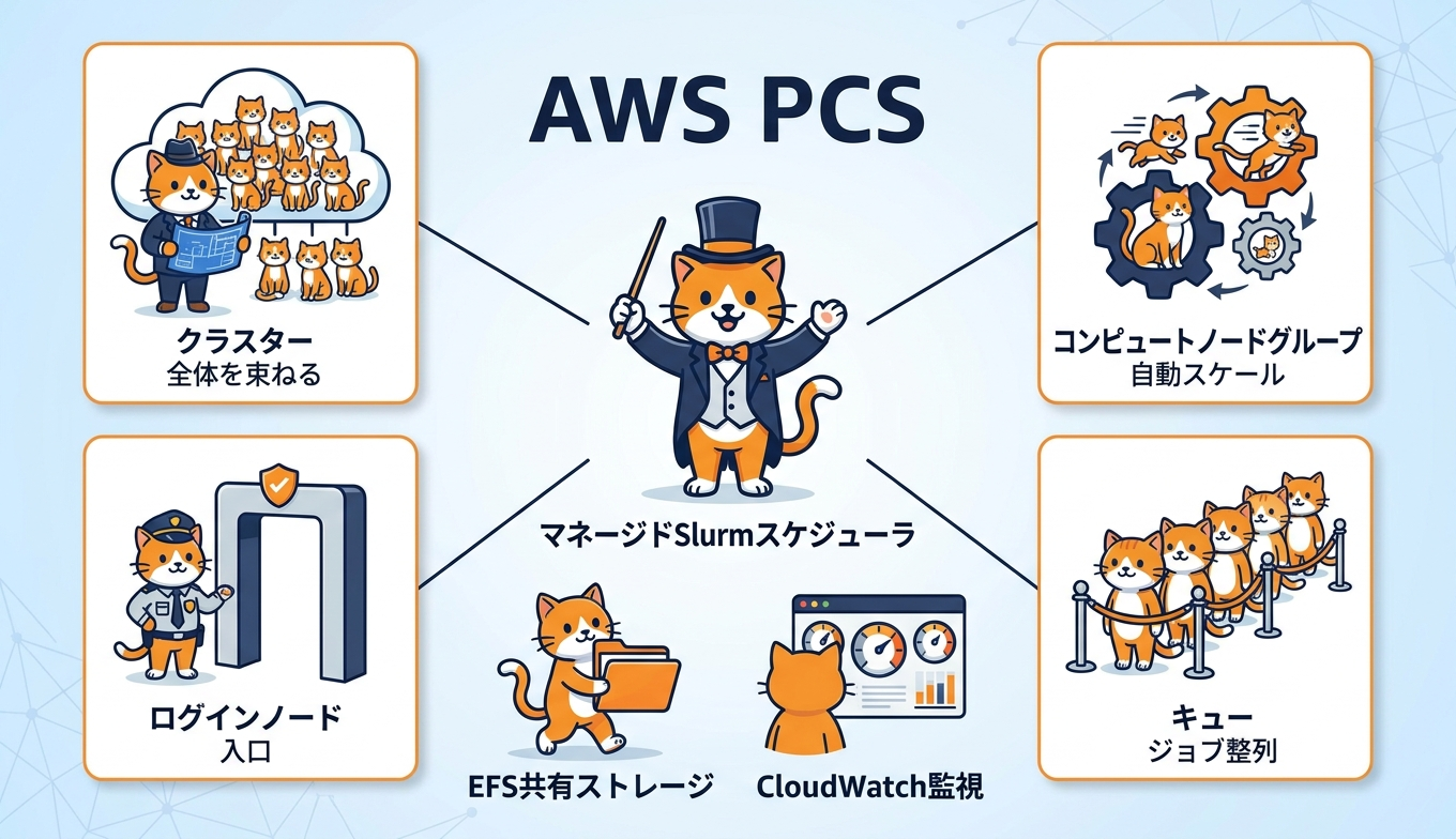 AWS PCSの構成要素を示す図。マネージドSlurmを中心に、クラスター、コンピュートノードグループ、ログインノード、キューが並び、EFSとCloudWatchが統合される様子