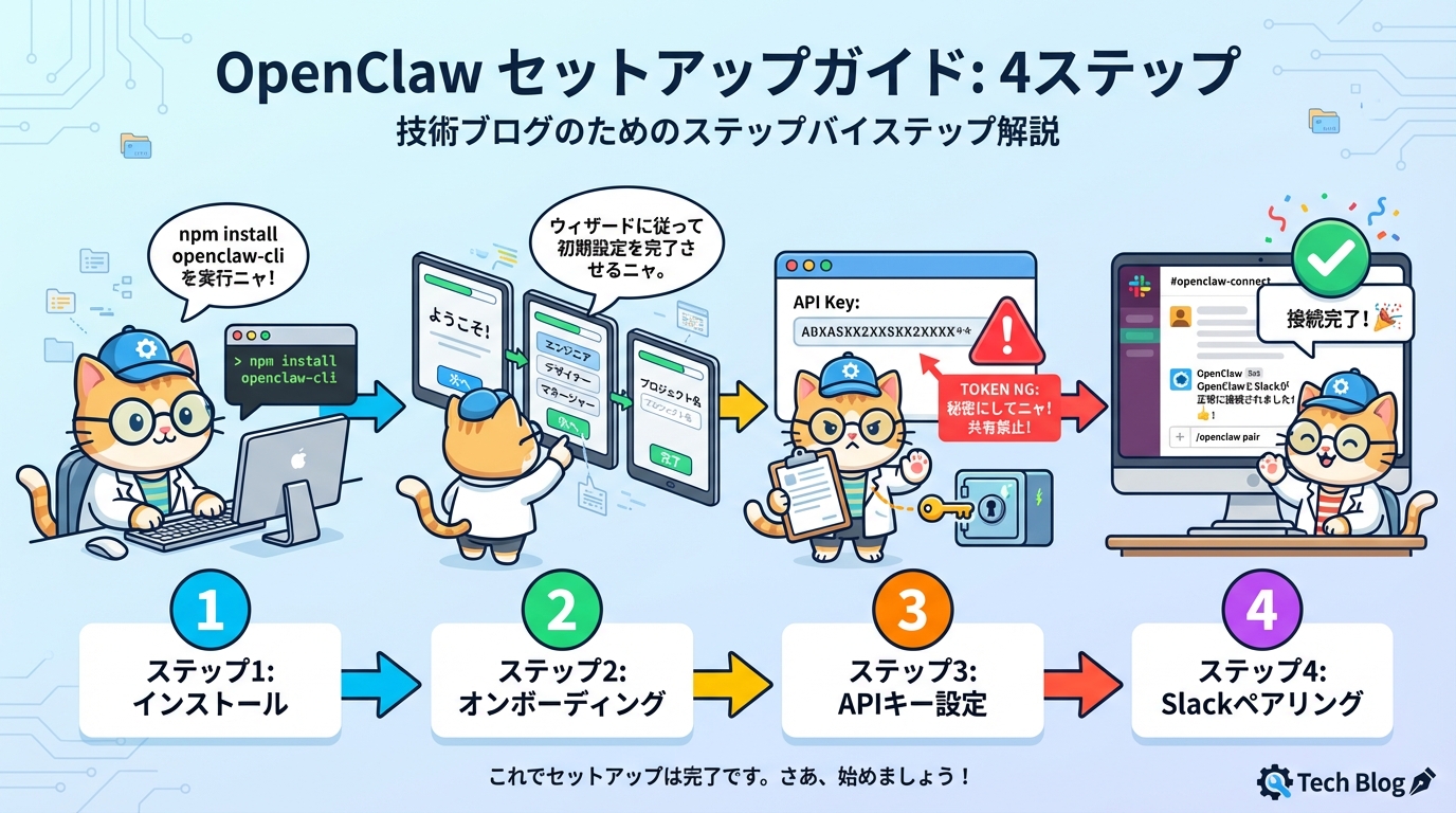 OpenClaw セットアップ手順：4ステップの図解