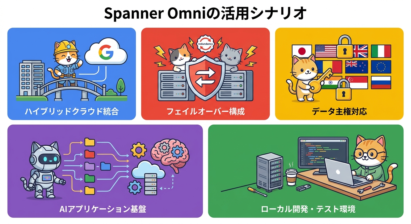 Spanner Omniのユースケース別活用シナリオ図（ハイブリッドクラウド・データ主権・ローカル開発）