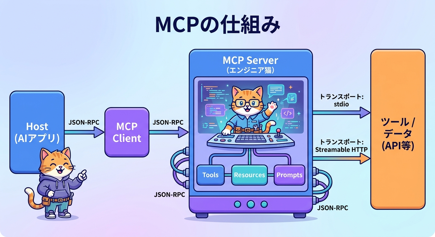 MCPの仕組み Host MCP Client MCP Server Tools Resources Prompts のアーキテクチャ図