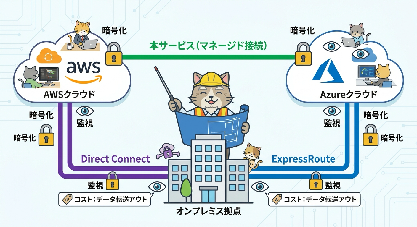 オンプレミスとAWSとAzureを役割ごとに色分けしたマルチクラウド全体トポロジ図