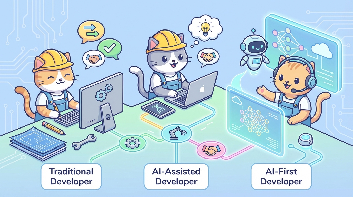 3種類の開発者タイプを説明する猫エンジニアのインフォグラフィック