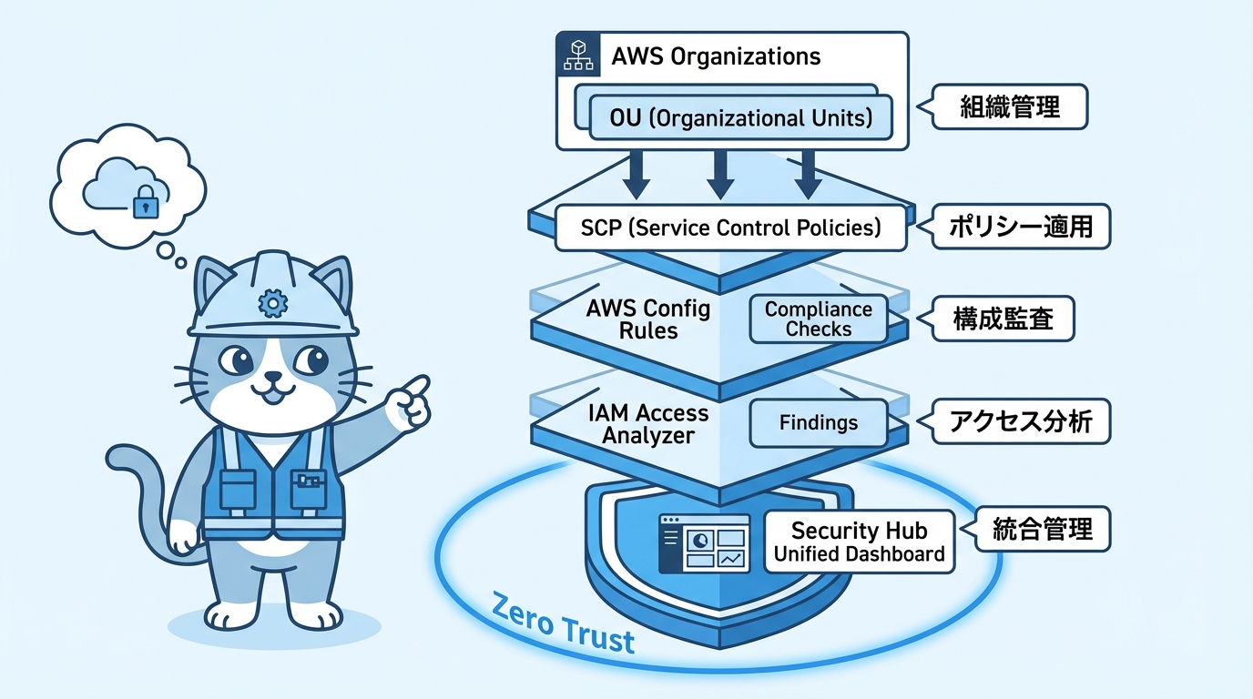 AWSゼロトラストアーキテクチャ:Organizations・SCP・Config・IAM Access Analyzer・Security Hubの多層防御構成
