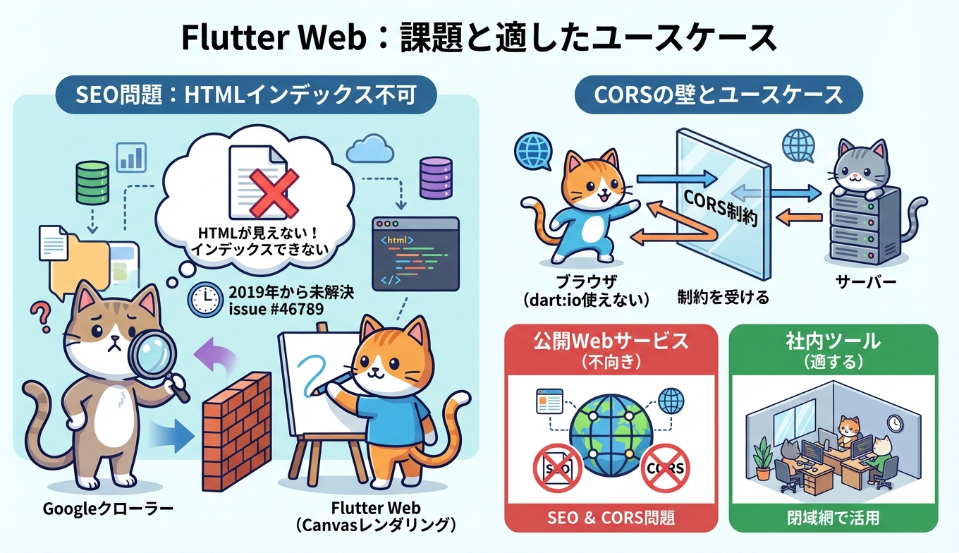 Flutter WebのSEO・CORS問題図解