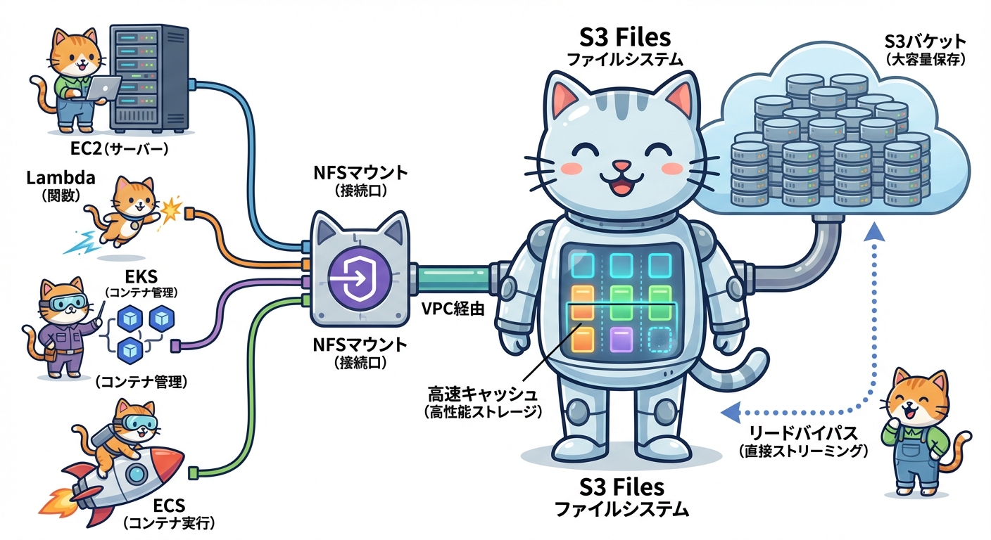 Amazon S3 FilesのアーキテクチャとNFSマウントの概念図