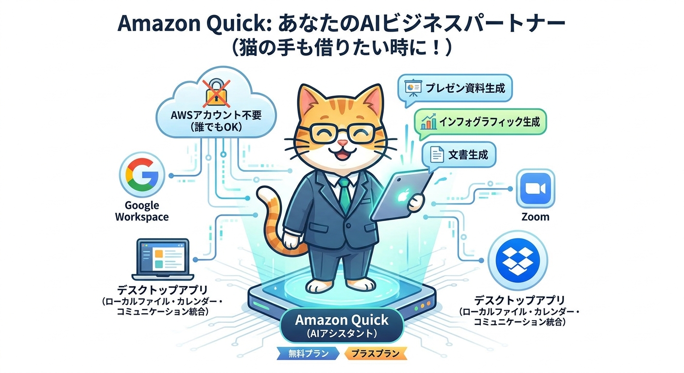 Amazon Quick — AIアシスタントの主要機能と外部サービス連携図