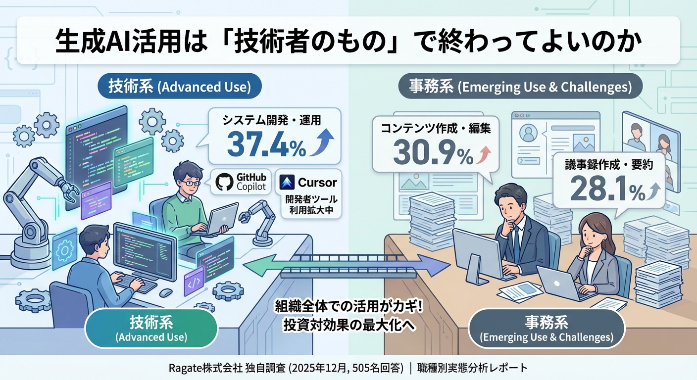【2025年調査】技術系vs事務系で生成AI活用に格差？職種別データから見る活用実態と課題