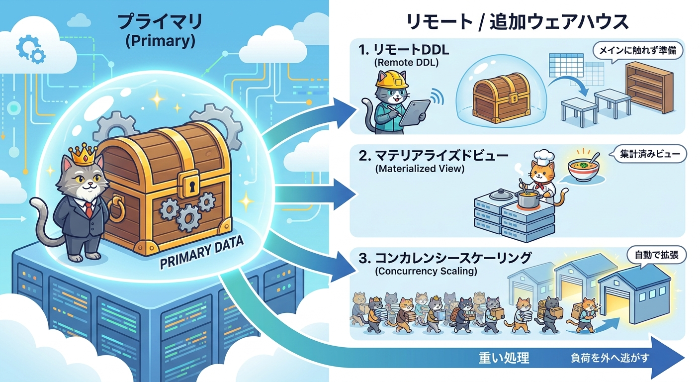 リモートDDLとマテリアライズドビュー強化によるワークロード分離のイメージ図