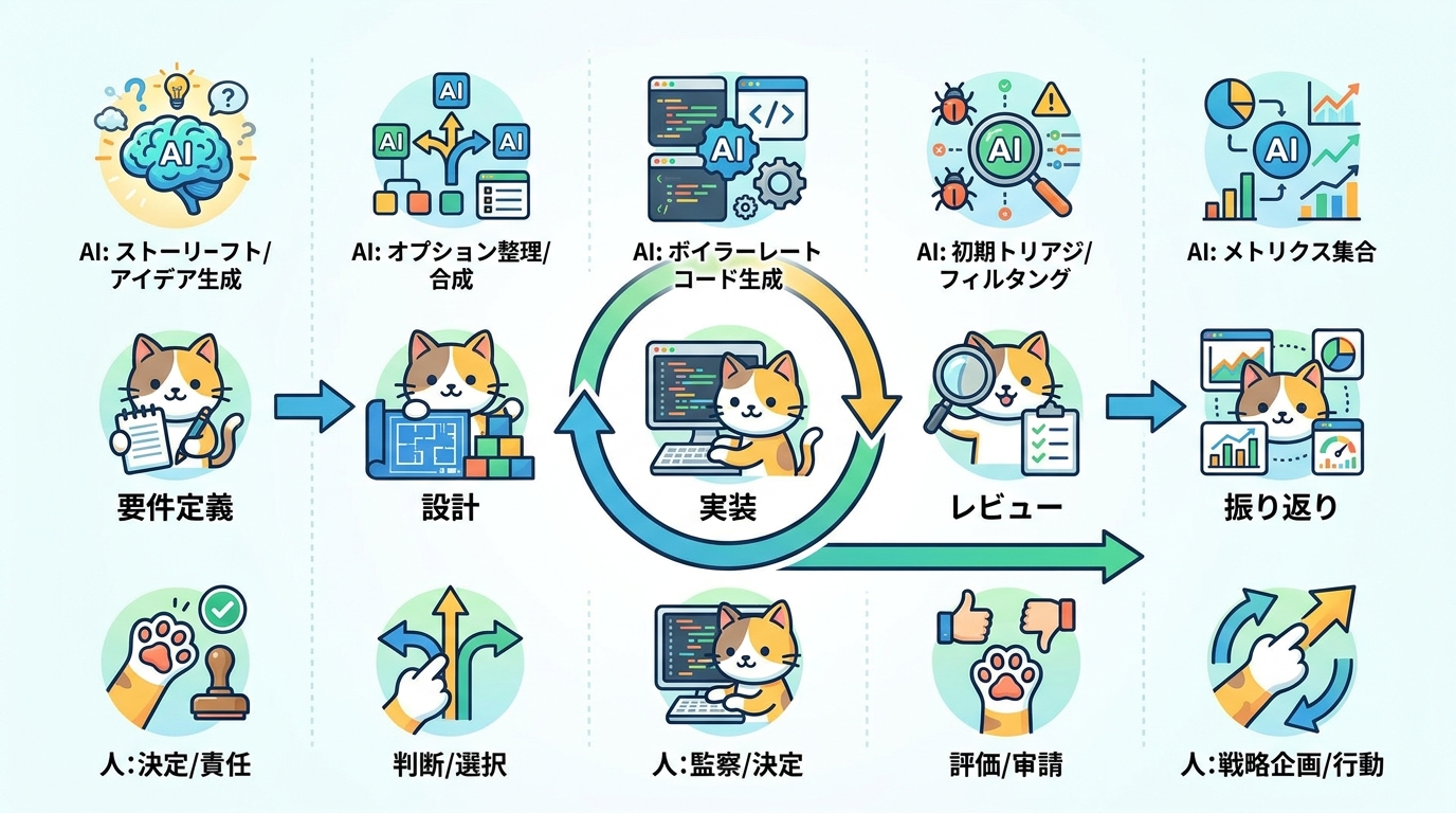 要件定義から振り返りまでの各工程に生成AIを組み込むイメージ