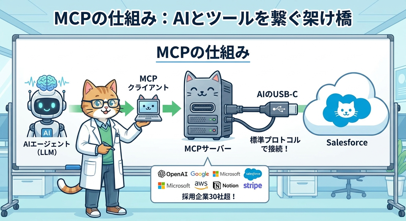 MCPの仕組みを示すフロー図：AIエージェントからMCPクライアント、MCPサーバーを経由してSalesforceへ接続する流れ