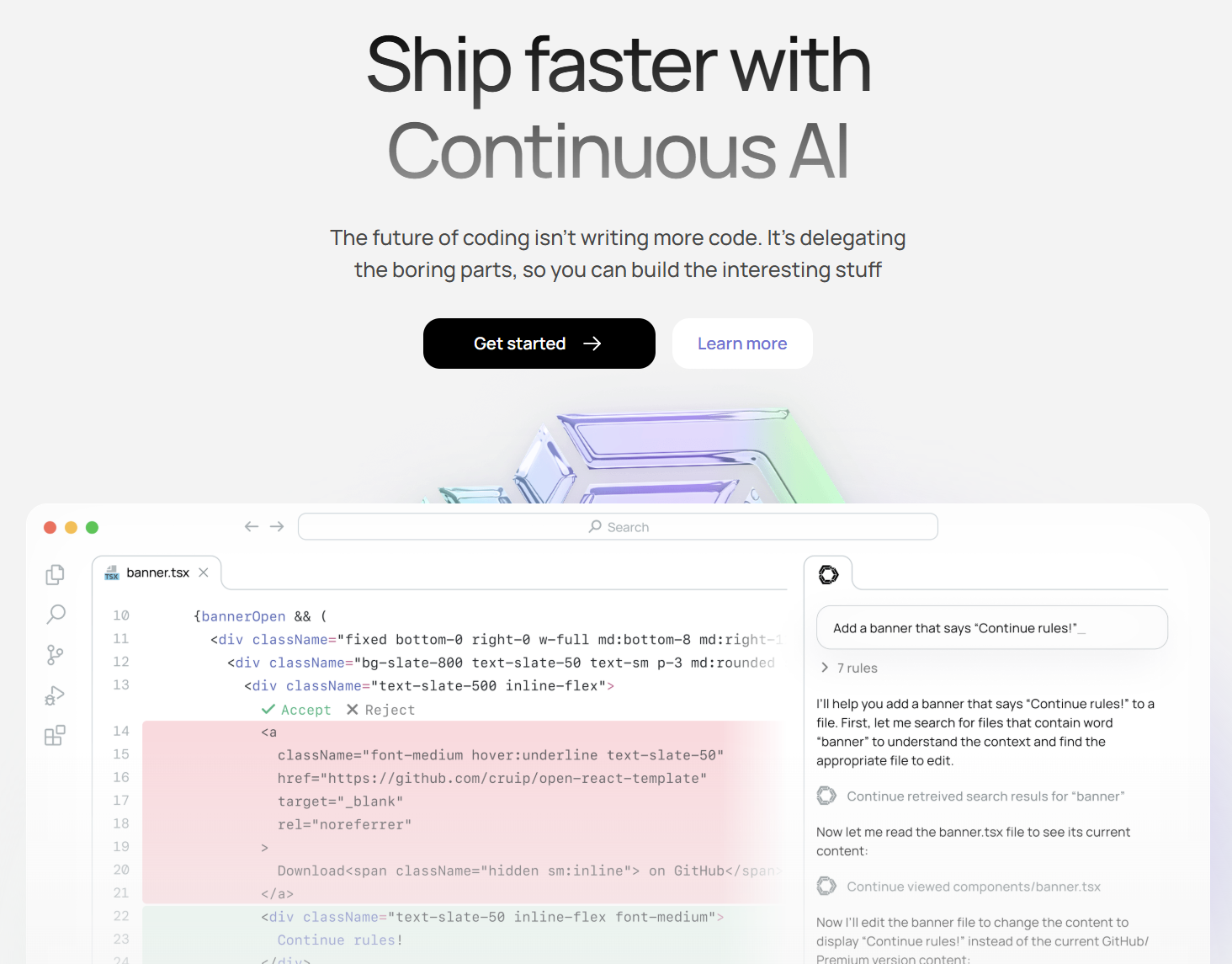 Continue Hub は「モデル」「ルール」「MCPサーバー」「アシスタント」を組み合わせて 独自のAIコーディングエージェント を構築できる場。