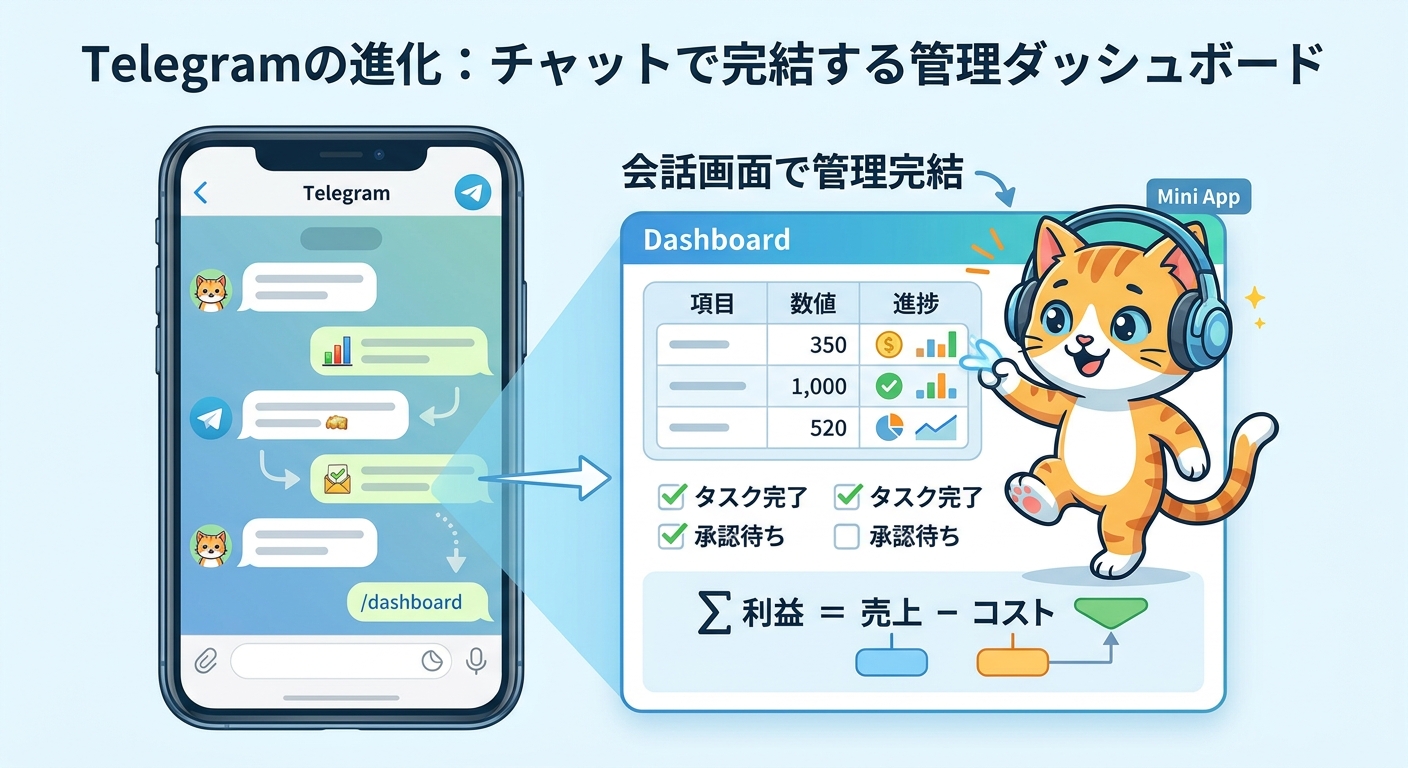 Telegram Mini Appダッシュボードと構造化描画を象徴するイラスト