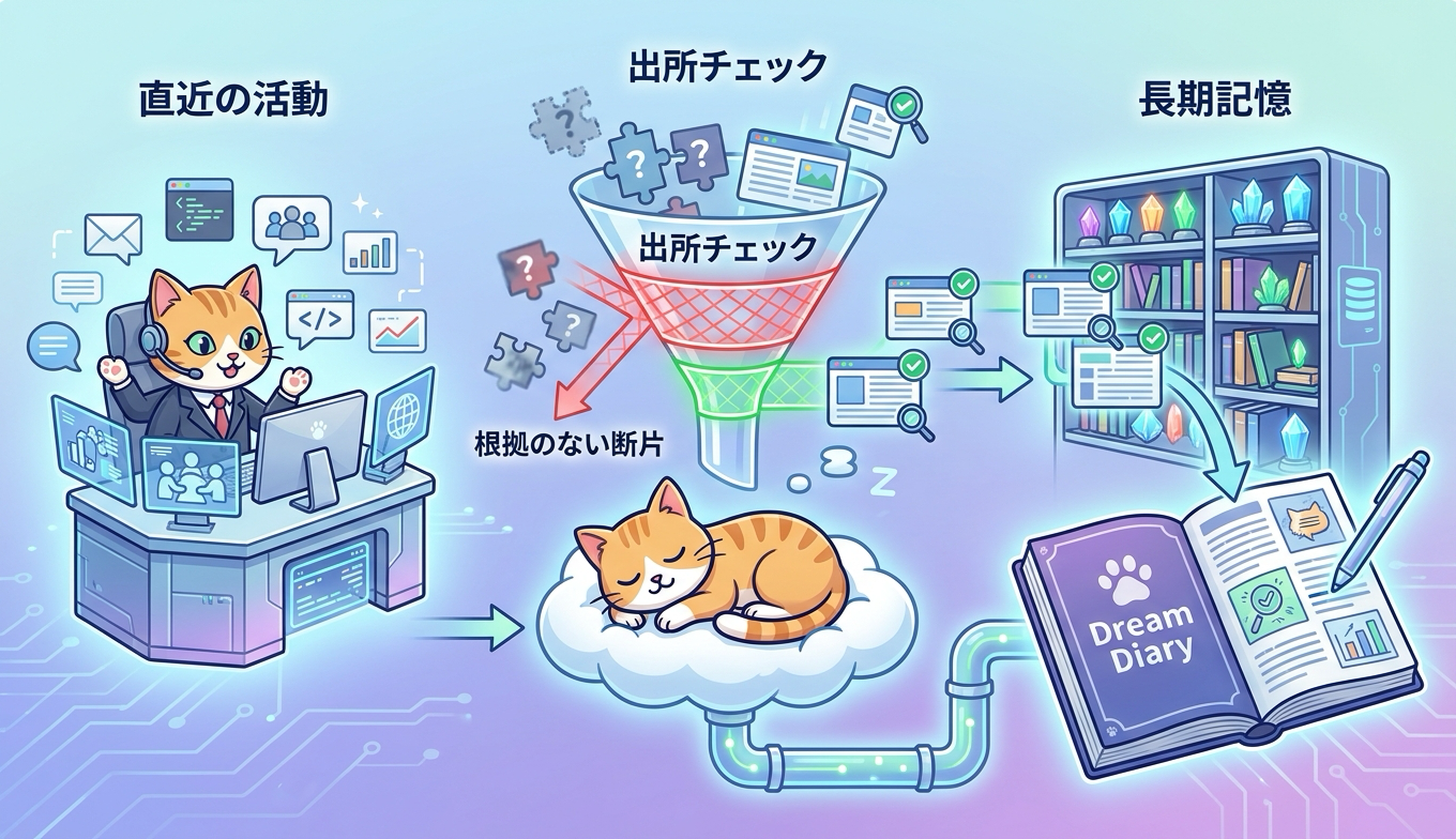 Grounded Dreamingが出所を確認して記憶を昇格する流れを表した図