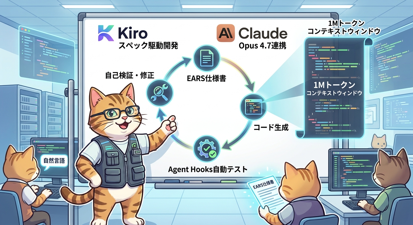 Kiro スペック駆動開発ワークフローとClaude Opus 4.7連携の図解