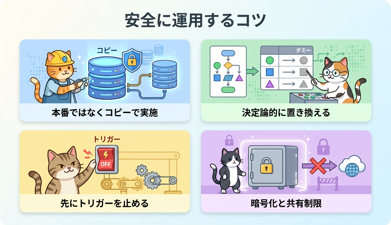 スナップショット暗号化、決定論的マスキング、トリガー無効化、SCPによる共有制限など安全運用のポイントを俯瞰したイラスト図