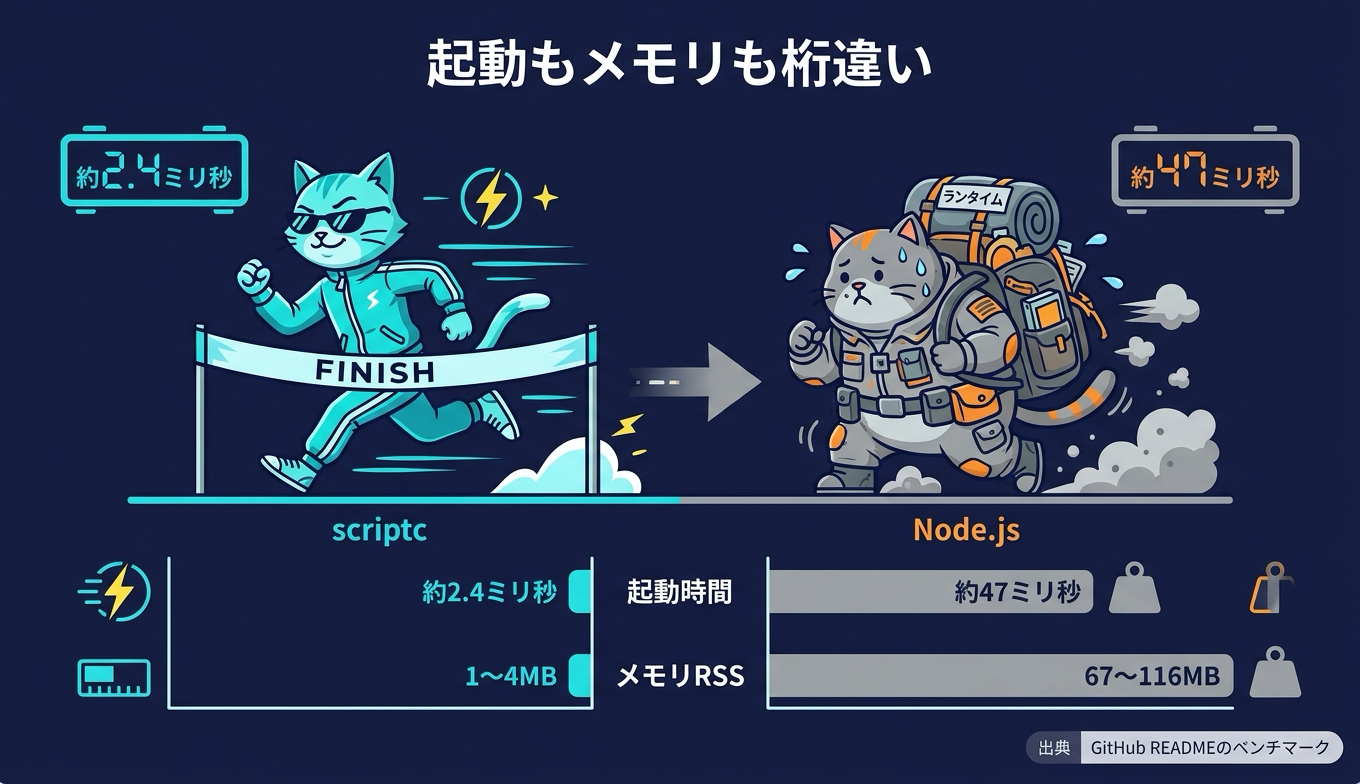 scriptcとNode.jsの起動時間とメモリ使用量を対比した棒グラフ風の概念図