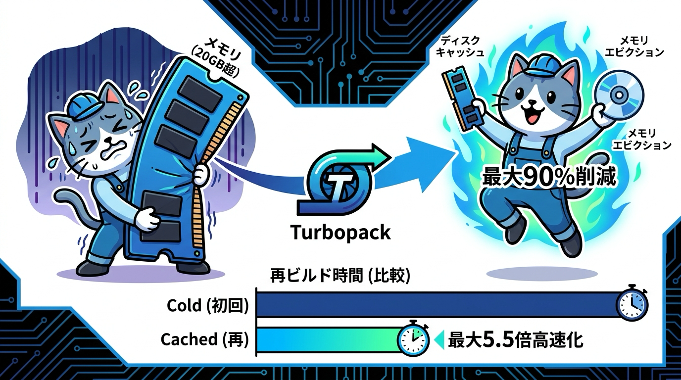 Turbopackのメモリ削減とビルド高速化を表す図解