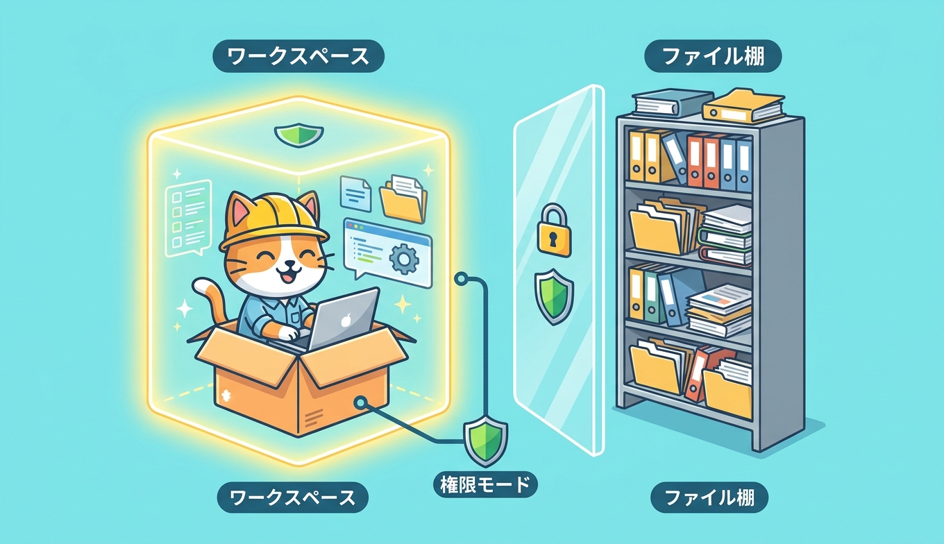 ワークスペースの箱の中だけで作業する擬人化猫エンジニアと、箱の外のファイル棚を隔てる透明バリアのイラスト