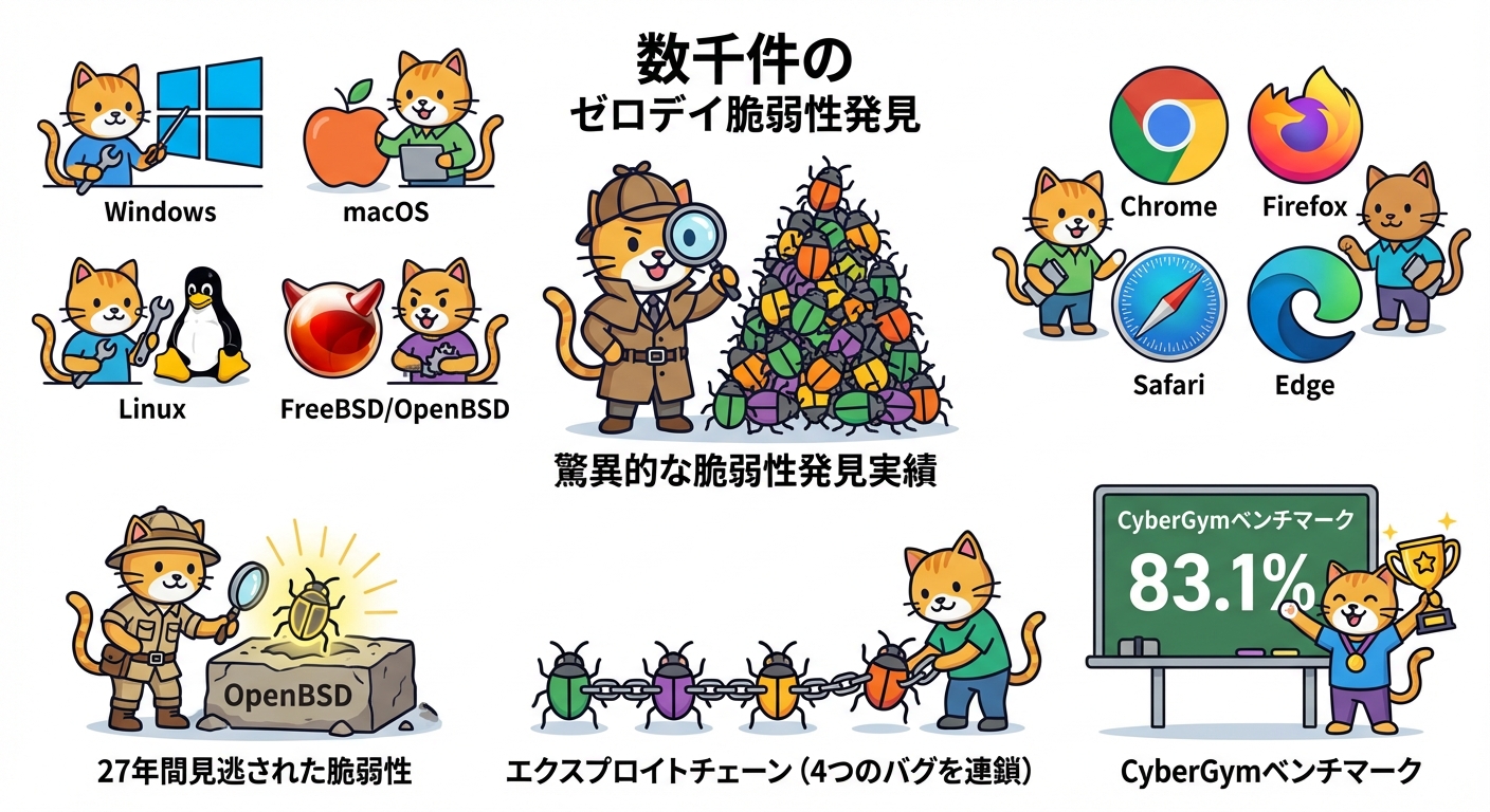 Claude Mythosの脆弱性発見実績インフォグラフィック