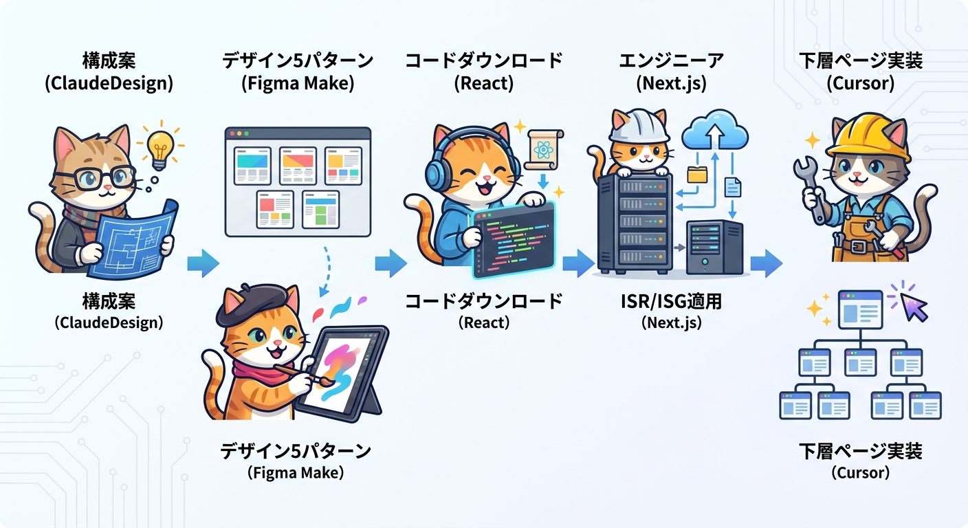 バイブデザインフロー: ClaudeDesign→Figma Make→Next.js→Cursorの6ステップ図解