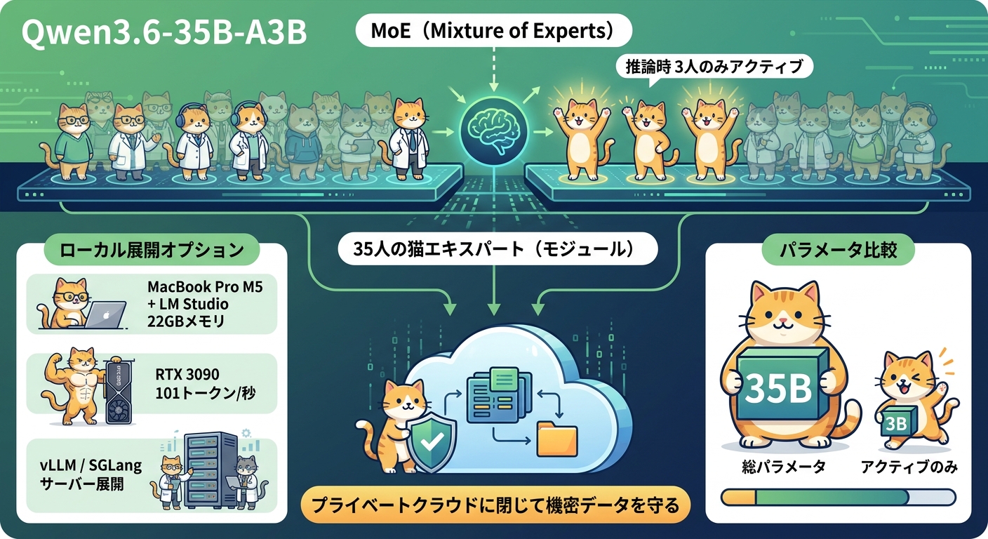 MoEアーキテクチャとローカルLLM展開を示すインフォグラフィック