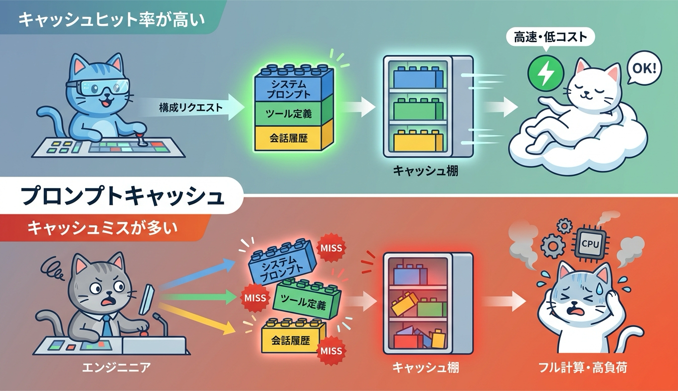 プロンプトキャッシュのヒット率を擬人化した猫で示すインフォグラフィック
