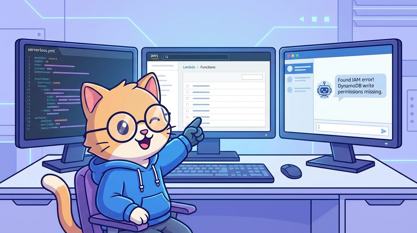 猫エンジニアがCursorでServerless MCPを操作しているインフォグラフィック