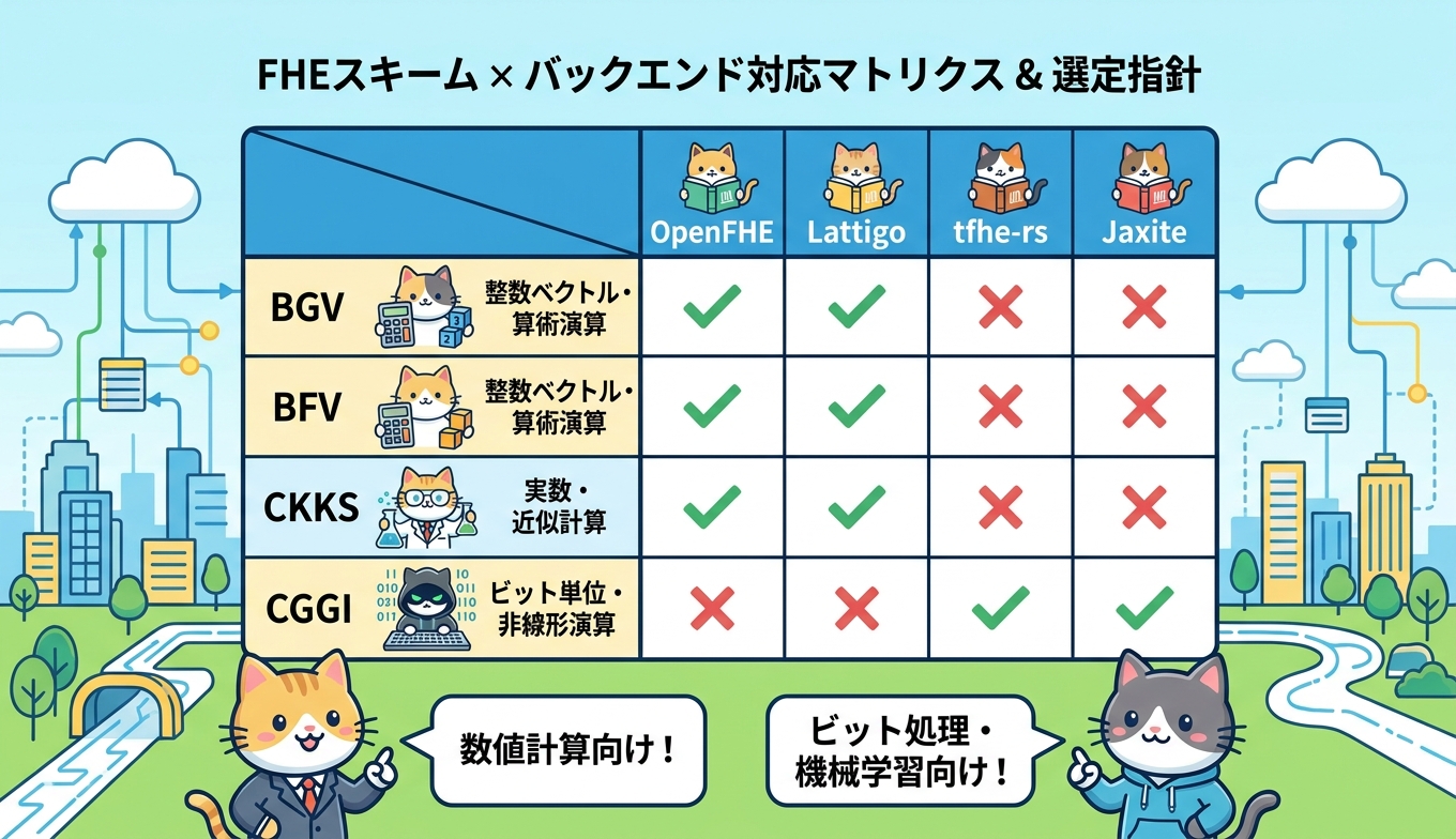 FHEスキームとバックエンドの対応マトリクス