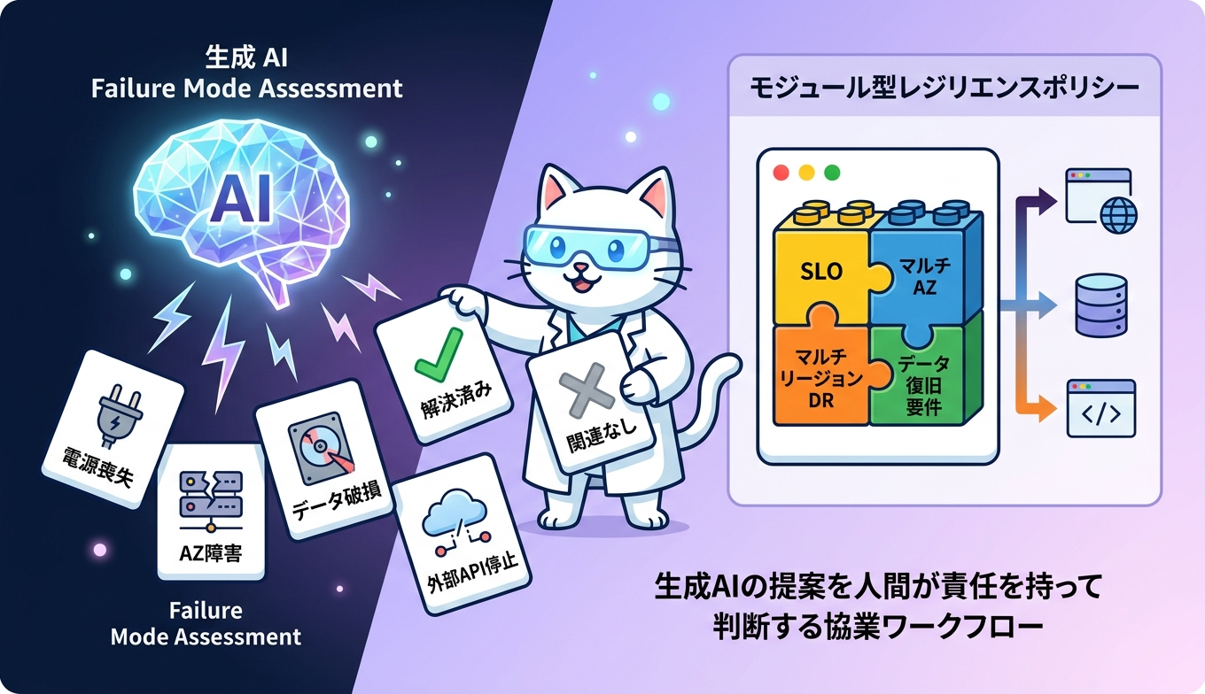 生成 AI による障害モード分析とモジュール型レジリエンスポリシーの関係を示す概念図