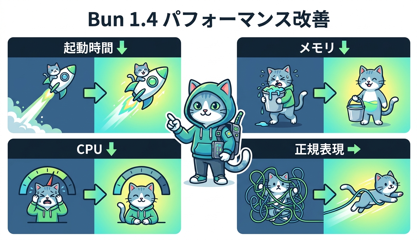 Bun 1.4のパフォーマンス改善を1.3系と対比した図解