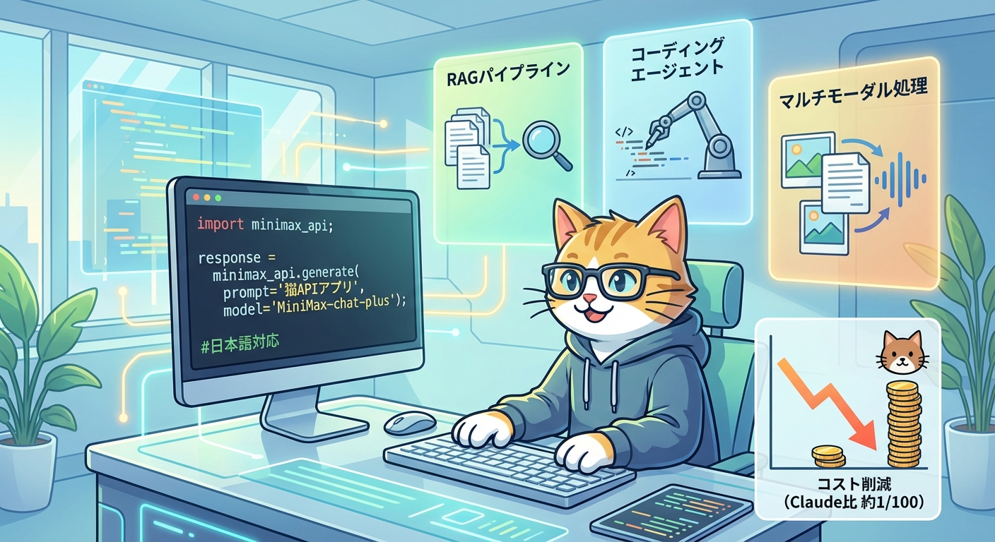 開発者がAI APIを活用してアプリを開発している様子のイラスト