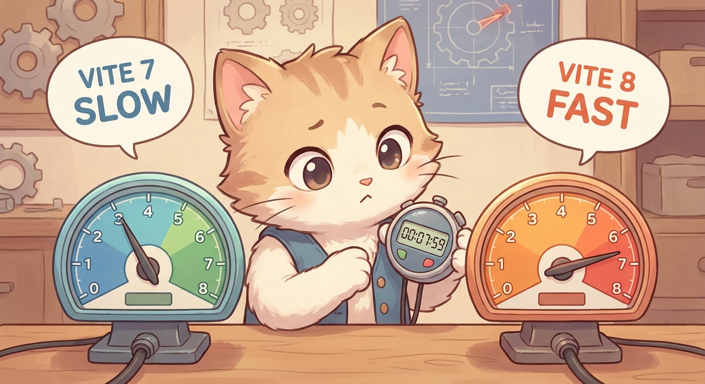 Vite 7とVite 8のビルド速度を比較するネコ