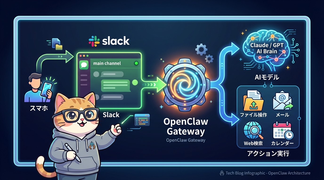 OpenClawのアーキテクチャ図：チャットアプリからGateway経由でAIモデルへ