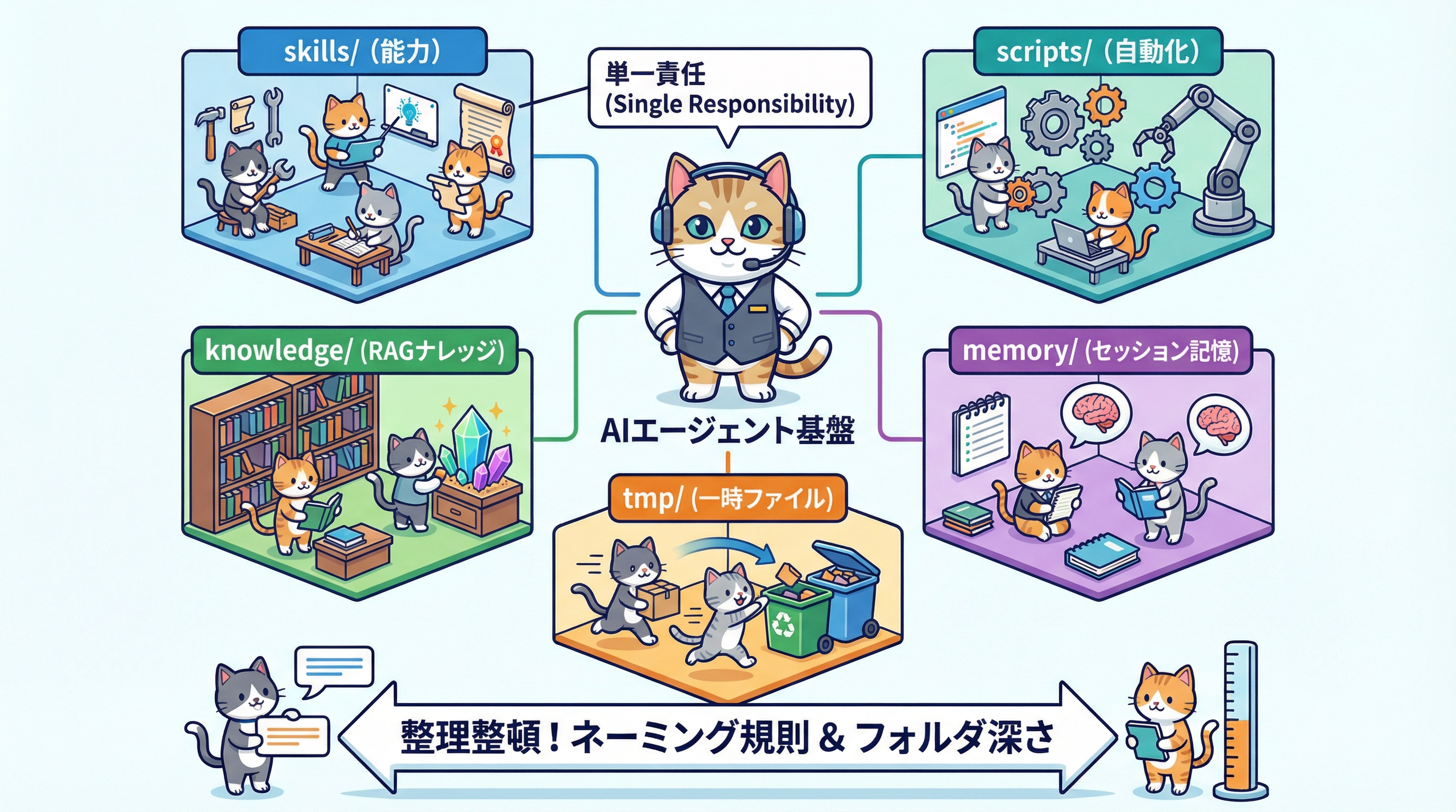 Openclawワークスペースのディレクトリ構成と各フォルダの役割分担の図解