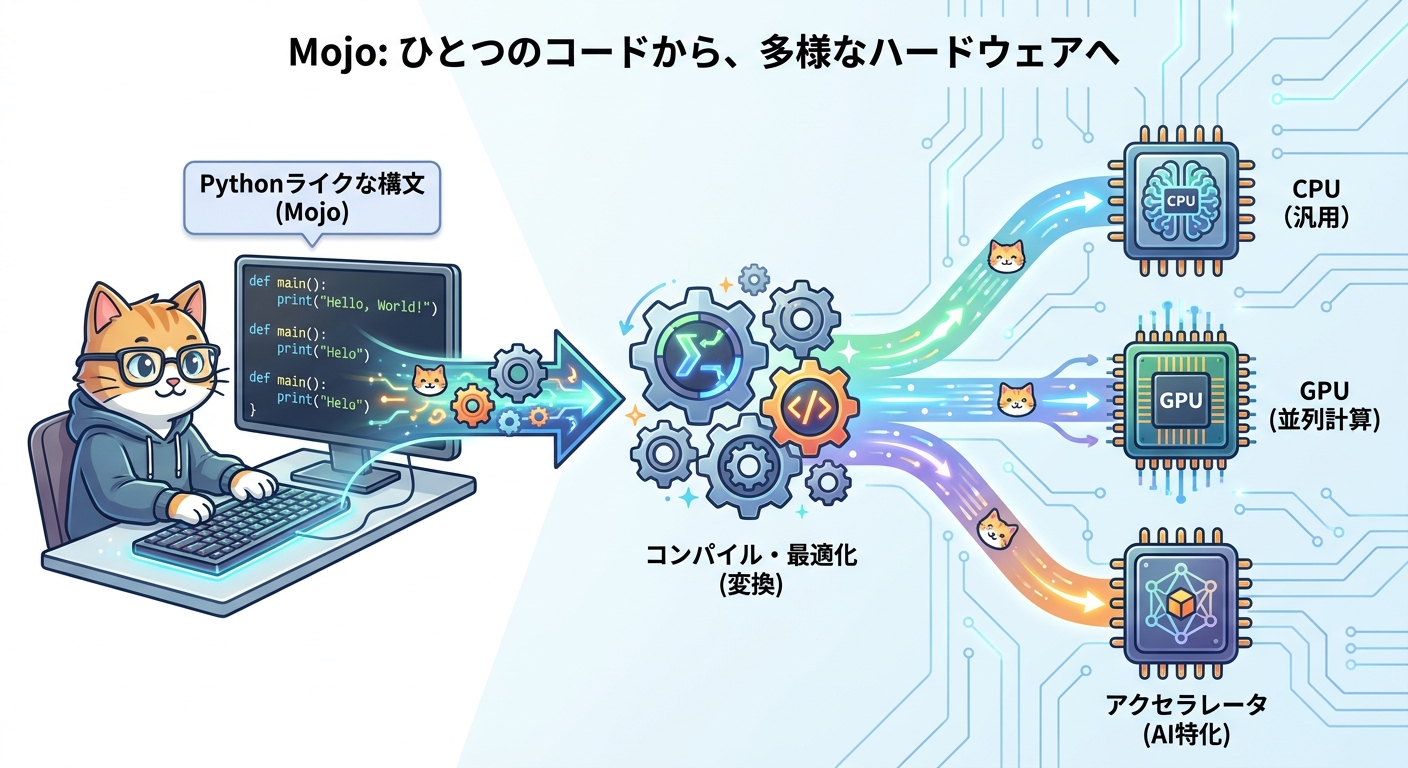 Pythonライクな構文からCPUやGPUなど各種ハードウェア向けにコンパイルされる流れを表したインフォグラフィック